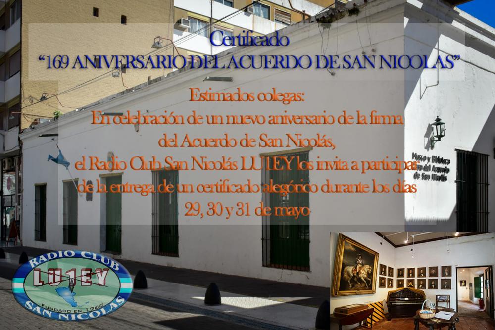 El Radio Club San Nicolás LU1EY realizará activación especial con motivo del 169° Aniversario del Acuerdo de San Nicolás