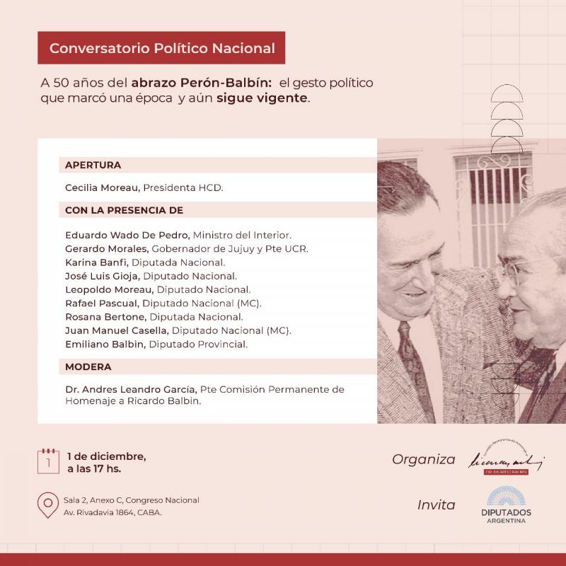 Se realizará un conversatorio por los 50 años del histórico abrazo Perón-Balbín